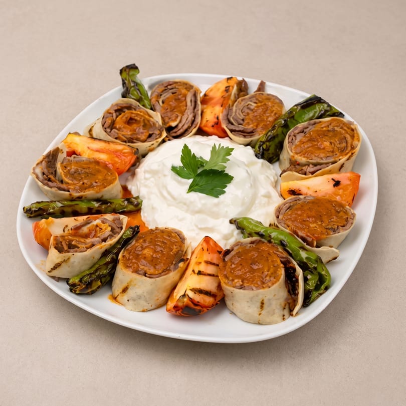A white platter of Turkish Beyti kebabs with grilled peppers, tomatoes, and a dollop of yogurt.