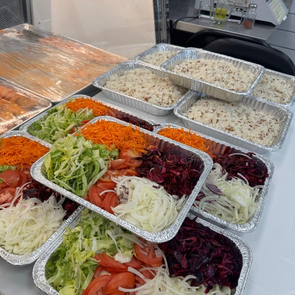 Multiple foil trays filled with rice, shredded carrots, lettuce, tomatoes, onions, and red cabbage.