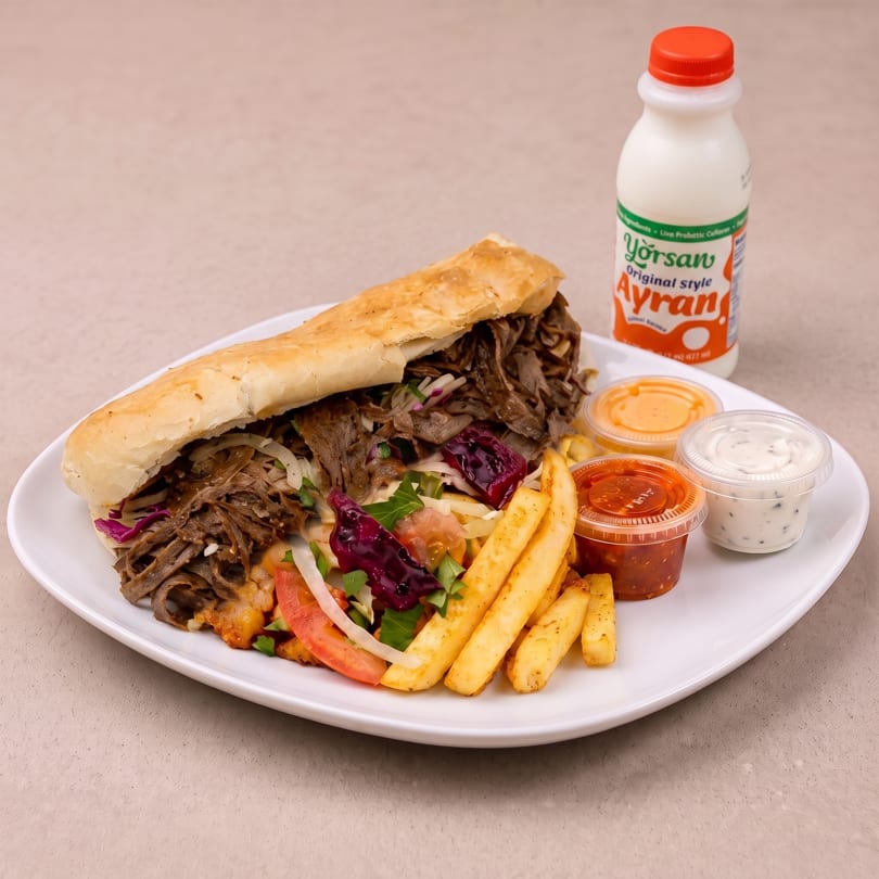Doner kebab sandwich with fries, salad, three dipping sauces, and a bottle of Ayran.