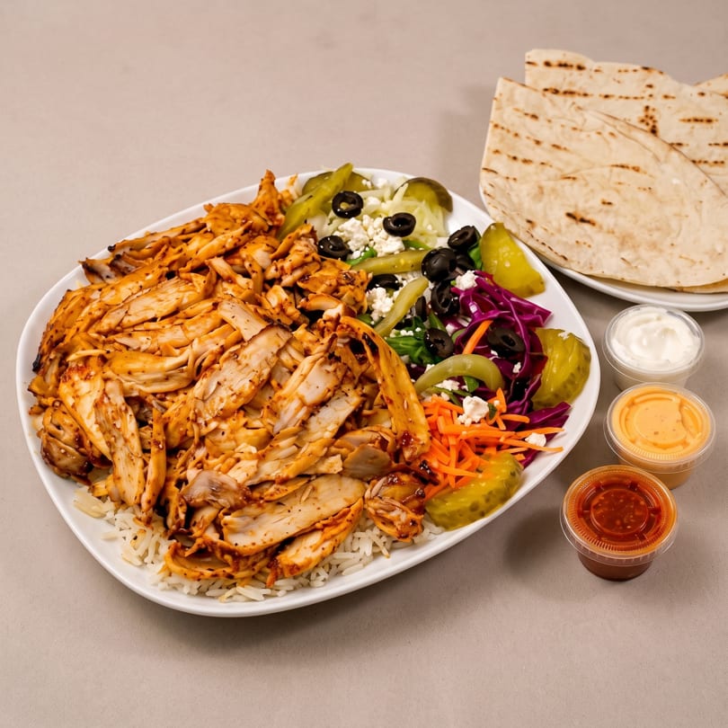 Chicken shawarma plate with rice, salad, pickles, olives, feta, pita bread, and three sauces.
