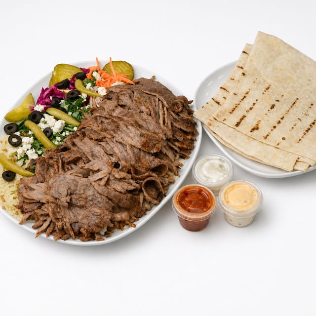 Beef and Lamb Platter with Rice.