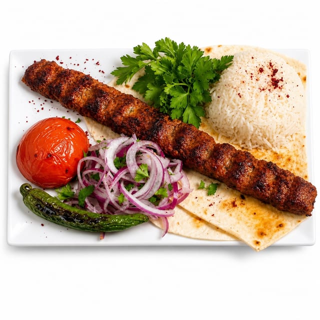 Adana Kabob Platter with Rice.
